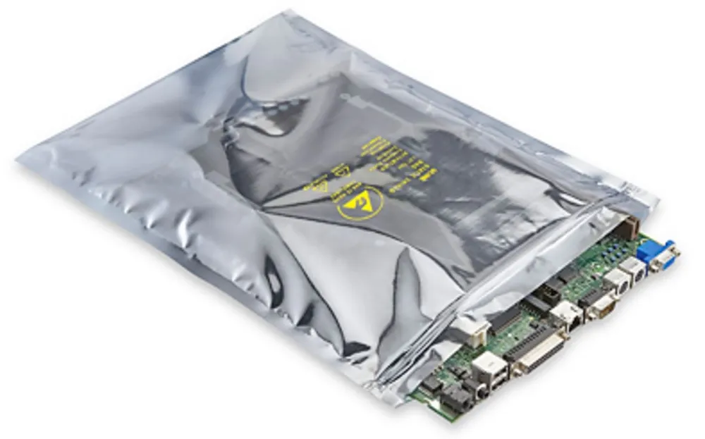 Metallised static shielding bag with PCB forming a Faraday cage, EMS Technologies