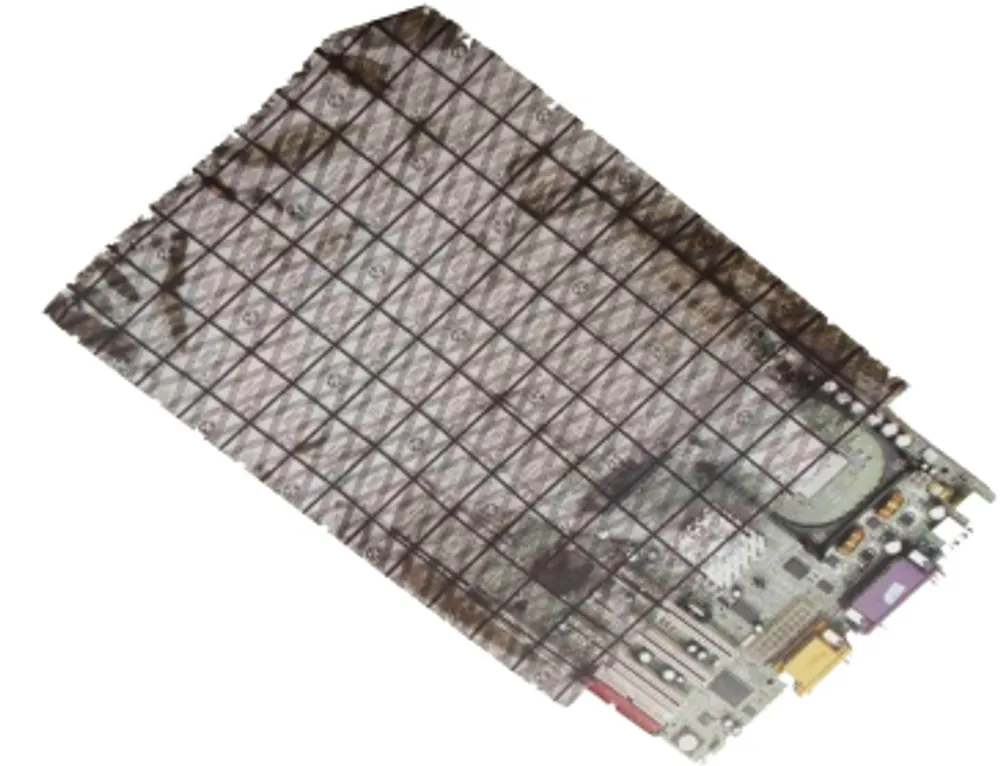 Conductive grid bag with diamond pattern protecting a PCB, EMS Technologies