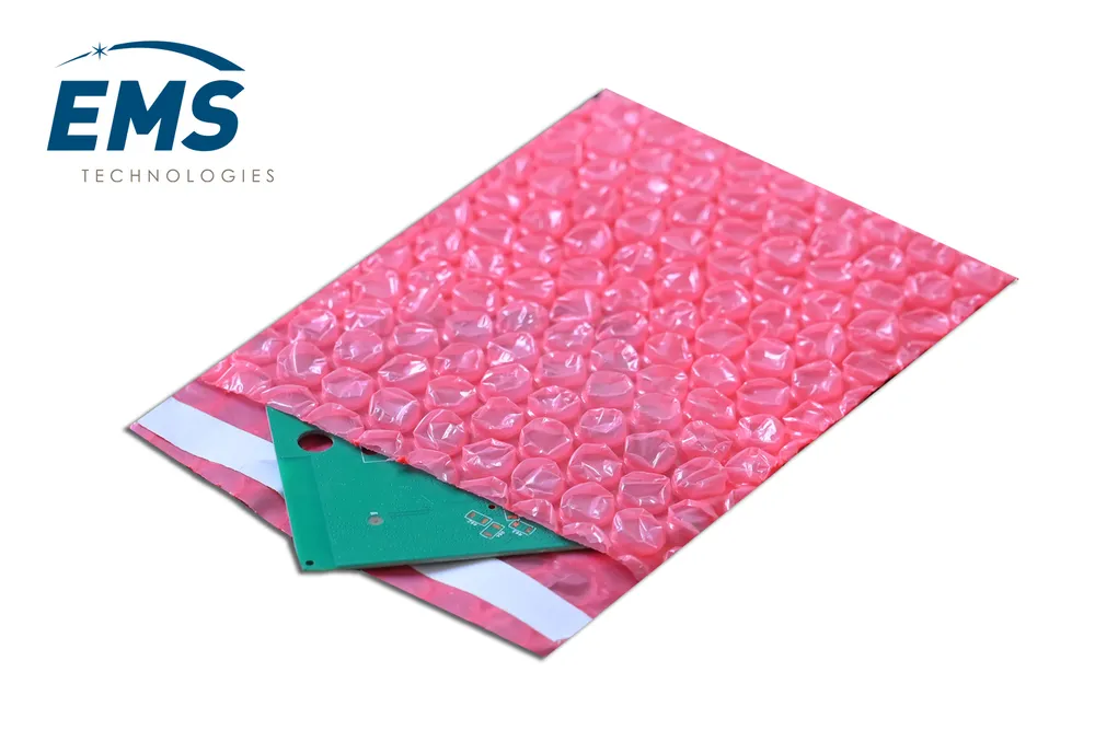 Anti-static bubble bag protecting a printed circuit board, EMS Technologies ESD packing