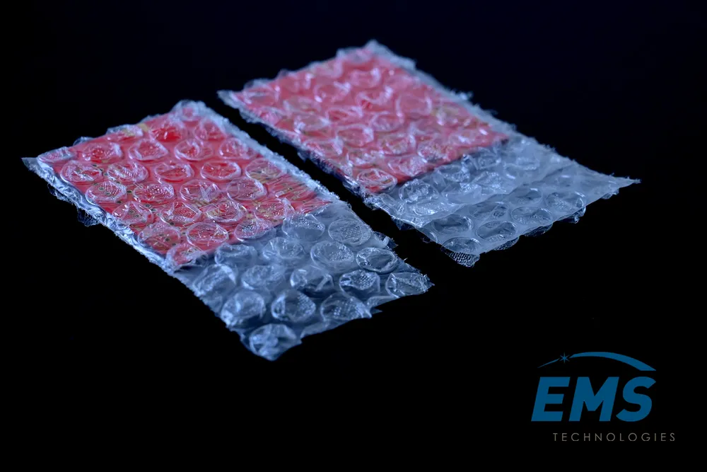 Anti-static bubble bag protecting a printed circuit board, EMS Technologies ESD packing