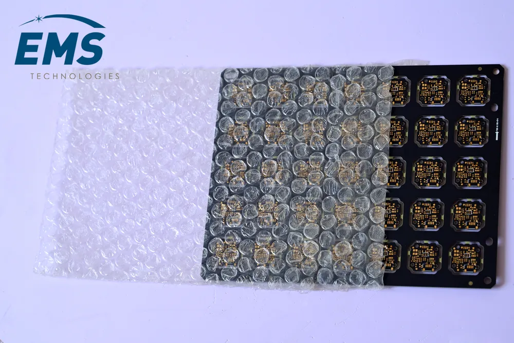 Anti-static bubble bag protecting a printed circuit board, EMS Technologies ESD packing