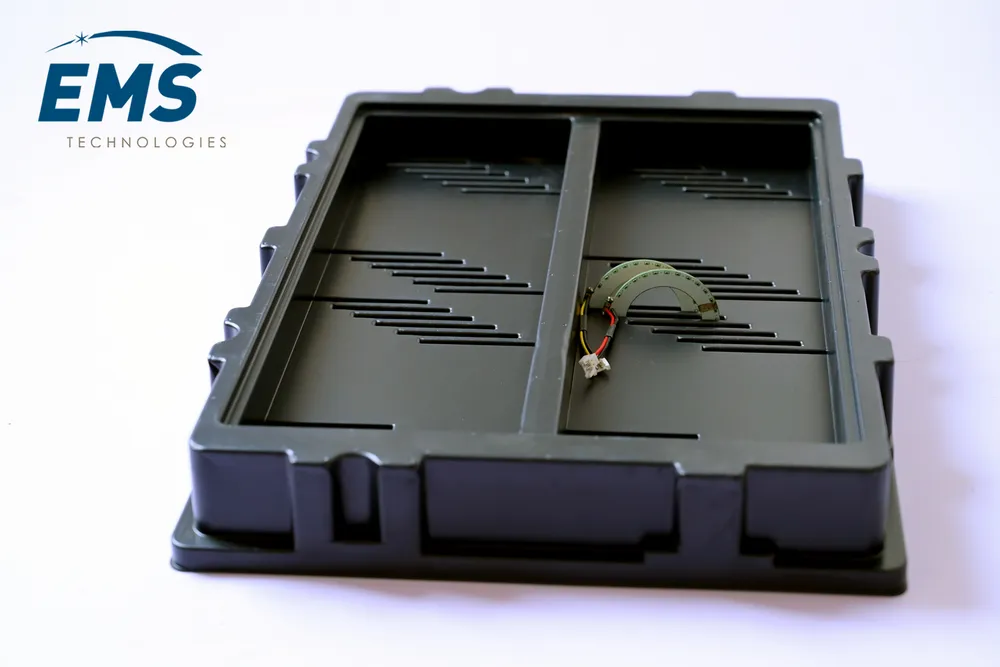 Black HIPS conductive thermoformed ESD tray for secure component storage and transport, EMS Technologies