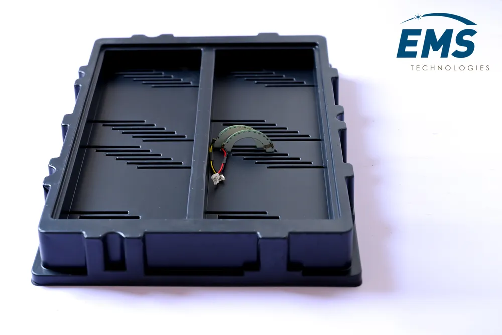 Black HIPS conductive thermoformed ESD tray for secure component storage and transport, EMS Technologies