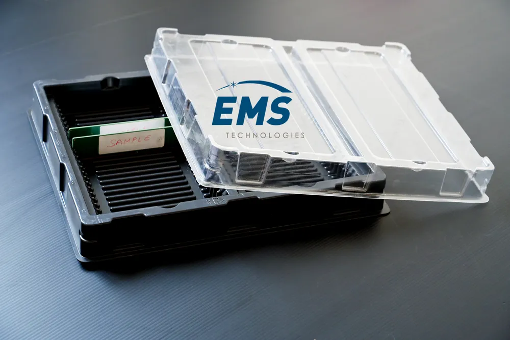 Black HIPS conductive thermoformed ESD tray with clear lid for secure component storage and transport, EMS Technologies