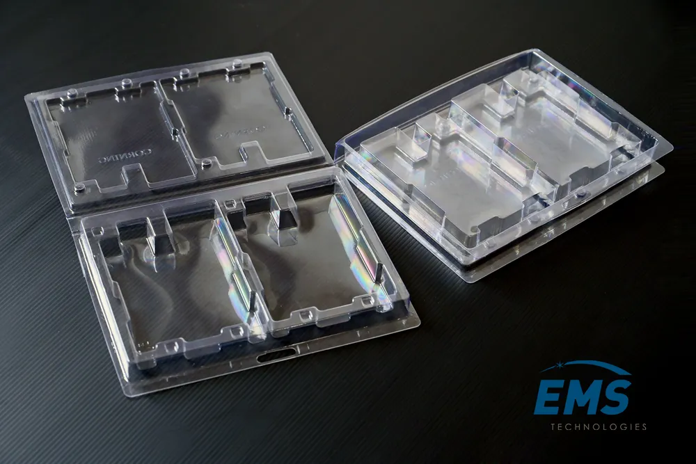 Clear PET thermoformed ESD tray for secure component storage and transport, EMS Technologies
