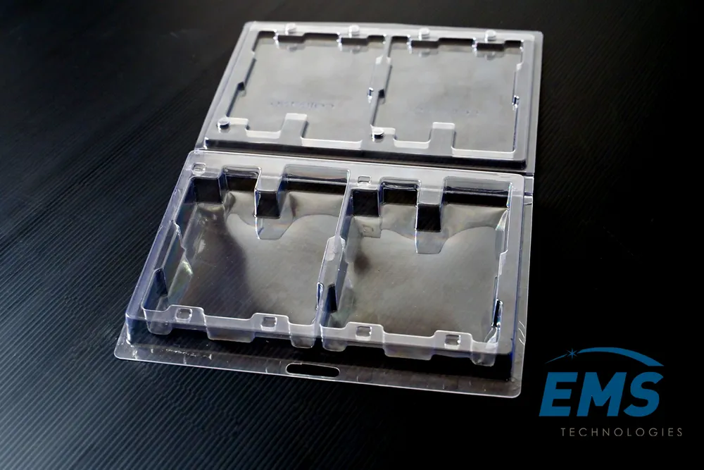 Clear PET thermoformed ESD tray for secure component storage and transport, EMS Technologies