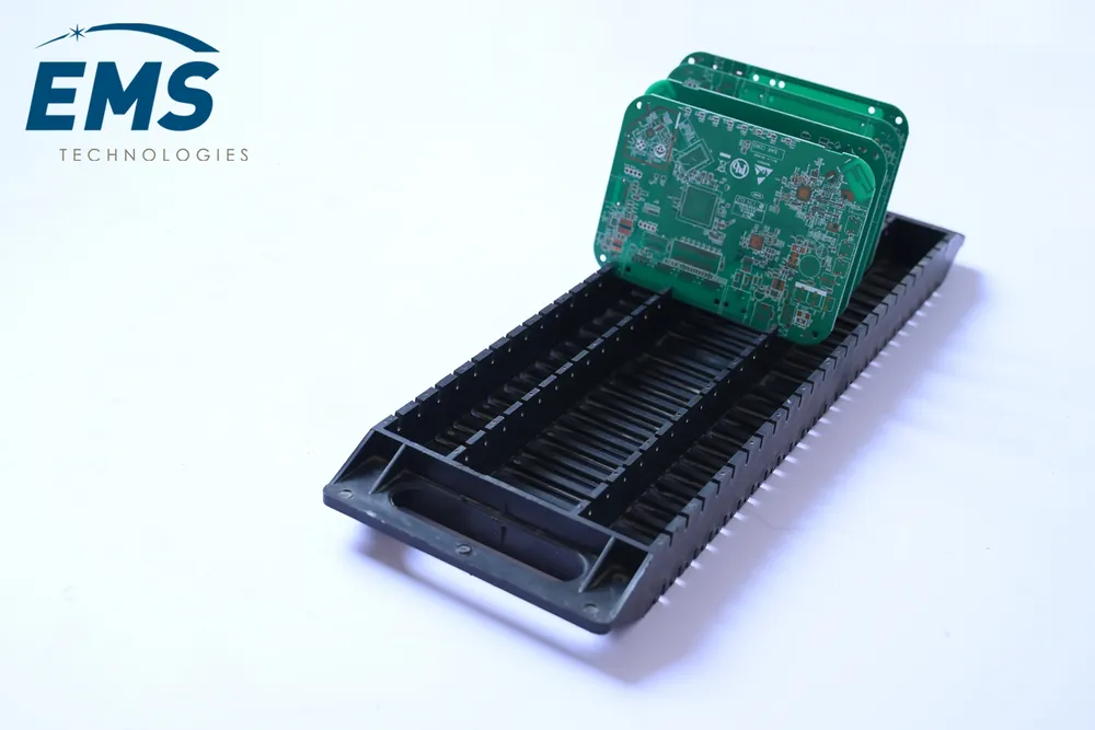 Black HIPS conductive thermoformed ESD tray for secure component storage and transport, EMS Technologies