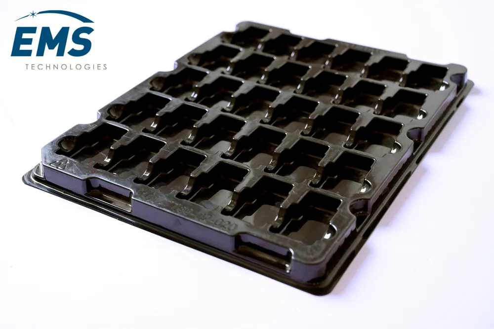 Black HIPS conductive thermoformed ESD tray for secure component storage and transport, EMS Technologies