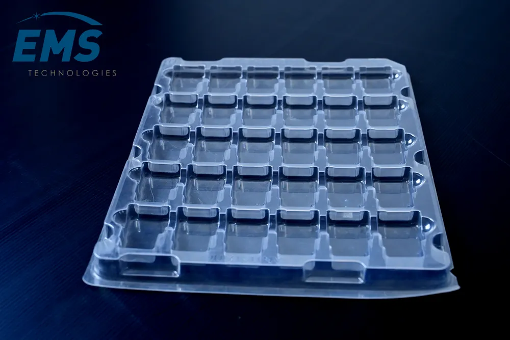 Clear PET thermoformed ESD tray for secure component storage and transport, EMS Technologies