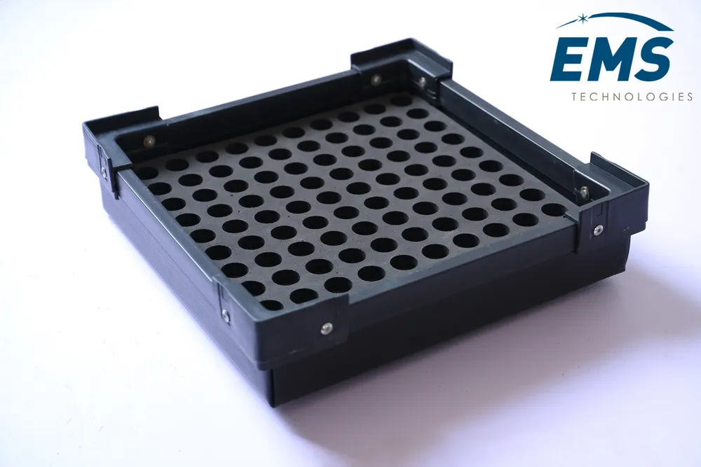 Black HIPS conductive thermoformed ESD tray for secure component storage and transport, EMS Technologies
