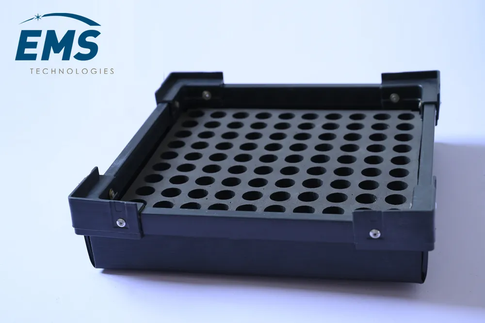 Black HIPS conductive thermoformed ESD tray for secure component storage and transport, EMS Technologies