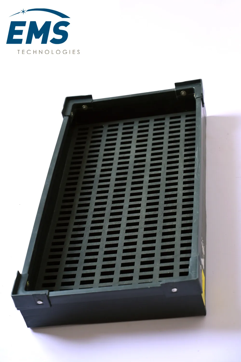 Black HIPS conductive thermoformed ESD tray for secure component storage and transport, EMS Technologies
