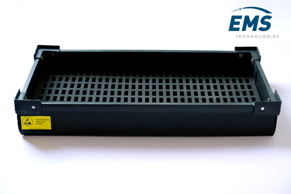 Black HIPS conductive thermoformed ESD tray for secure component storage and transport, EMS Technologies
