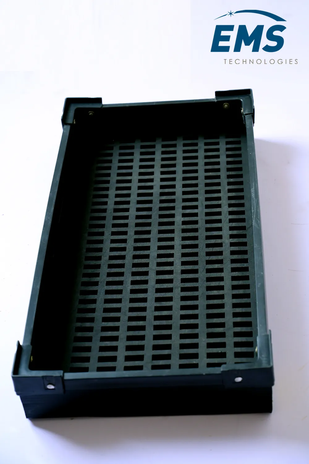 Black HIPS conductive thermoformed ESD tray for secure component storage and transport, EMS Technologies