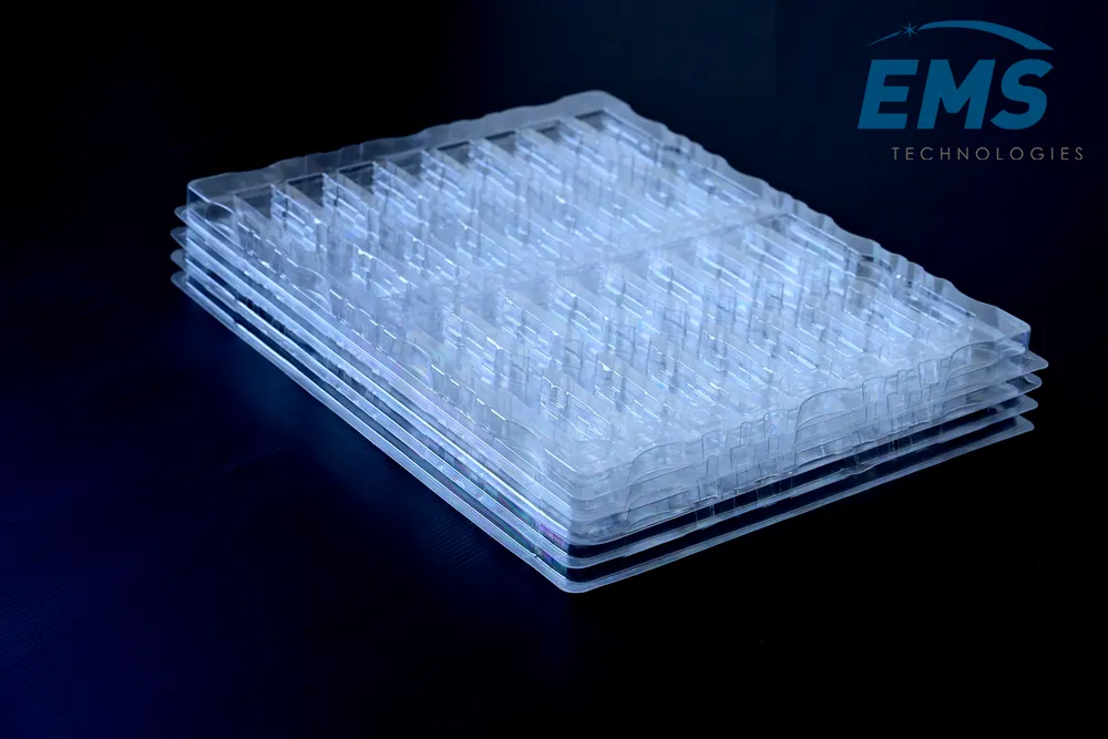 Clear PET thermoformed ESD tray for secure component storage and transport, EMS Technologies