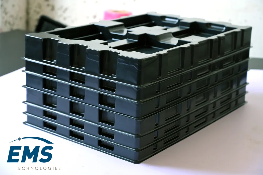 Black HIPS conductive thermoformed ESD tray for secure component storage and transport, EMS Technologies
