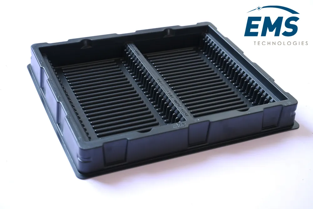 Black HIPS conductive thermoformed ESD tray for secure component storage and transport, EMS Technologies