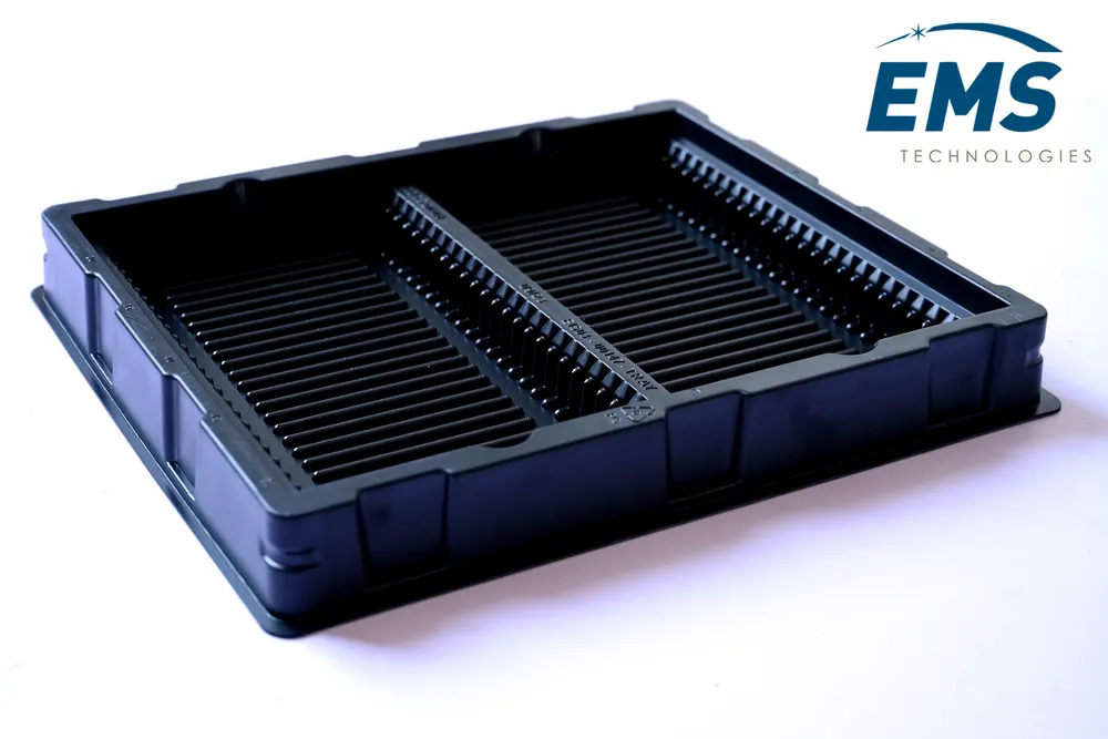 Black HIPS conductive thermoformed ESD tray for secure component storage and transport, EMS Technologies