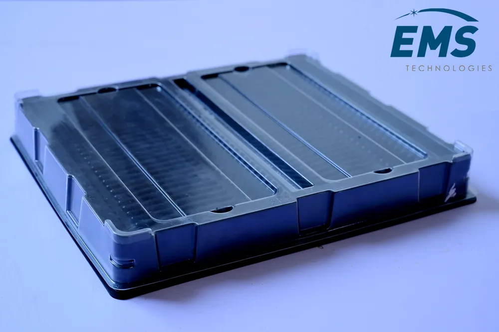 Clear PET thermoformed ESD tray for secure component storage and transport, EMS Technologies