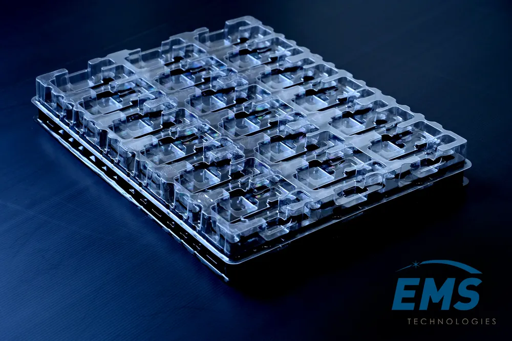 Clear PET thermoformed ESD tray for secure component storage and transport, EMS Technologies