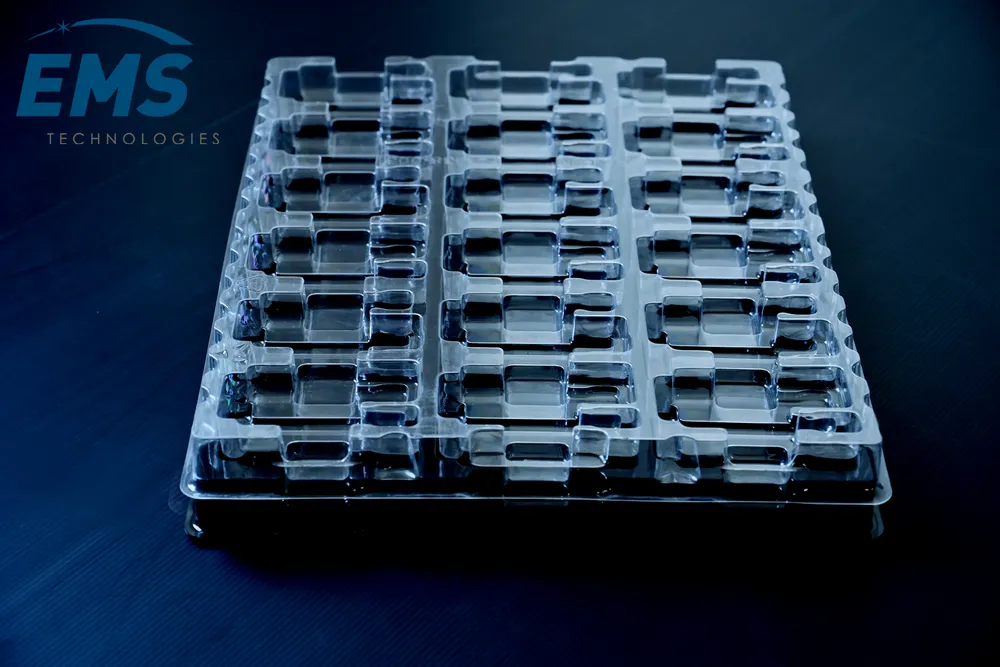 Clear PET thermoformed ESD tray for secure component storage and transport, EMS Technologies