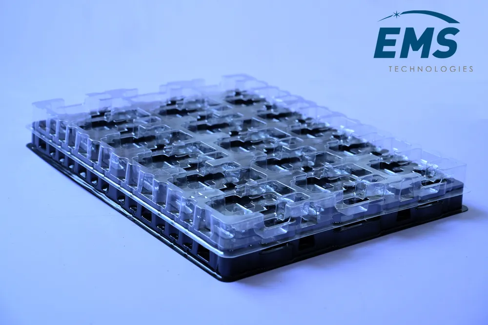 Clear PET thermoformed ESD tray for secure component storage and transport, EMS Technologies