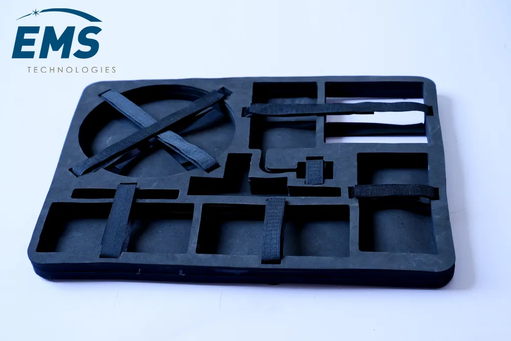 Black HIPS conductive thermoformed ESD tray for secure component storage and transport, EMS Technologies