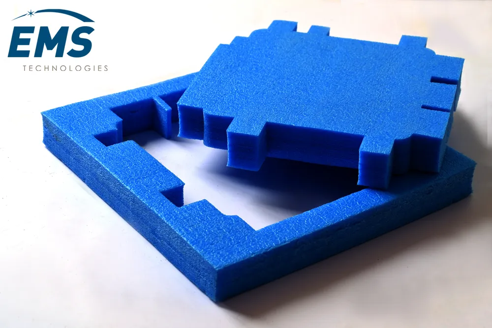 Blue EVA conductive foam insert cut to component geometry, EMS Technologies