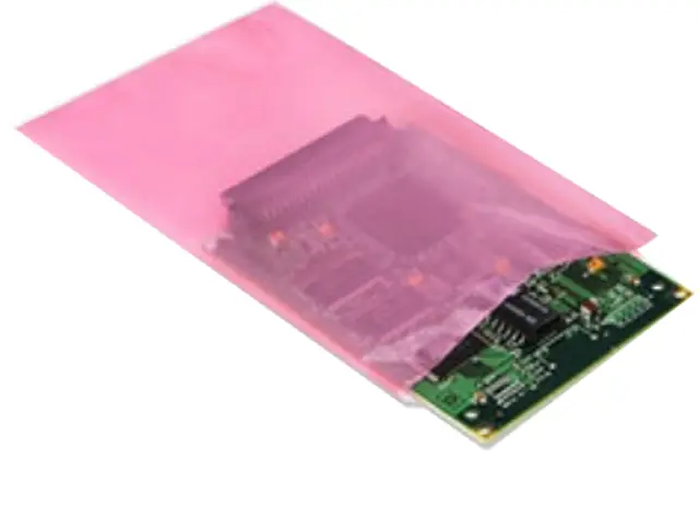Pink LDPE anti-static bag used for everyday electronics component packing, EMS Technologies