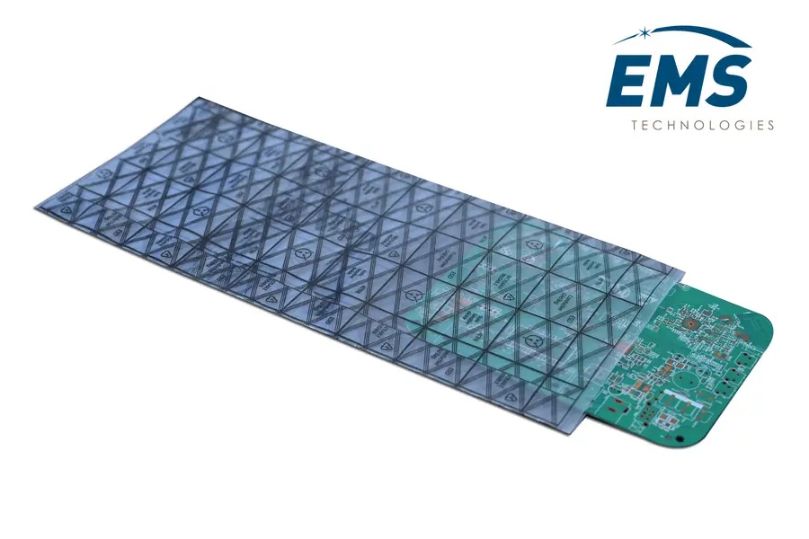 Conductive grid bag with diamond-pattern buried grid dissipating static from a bare PCB, EMS Technologies