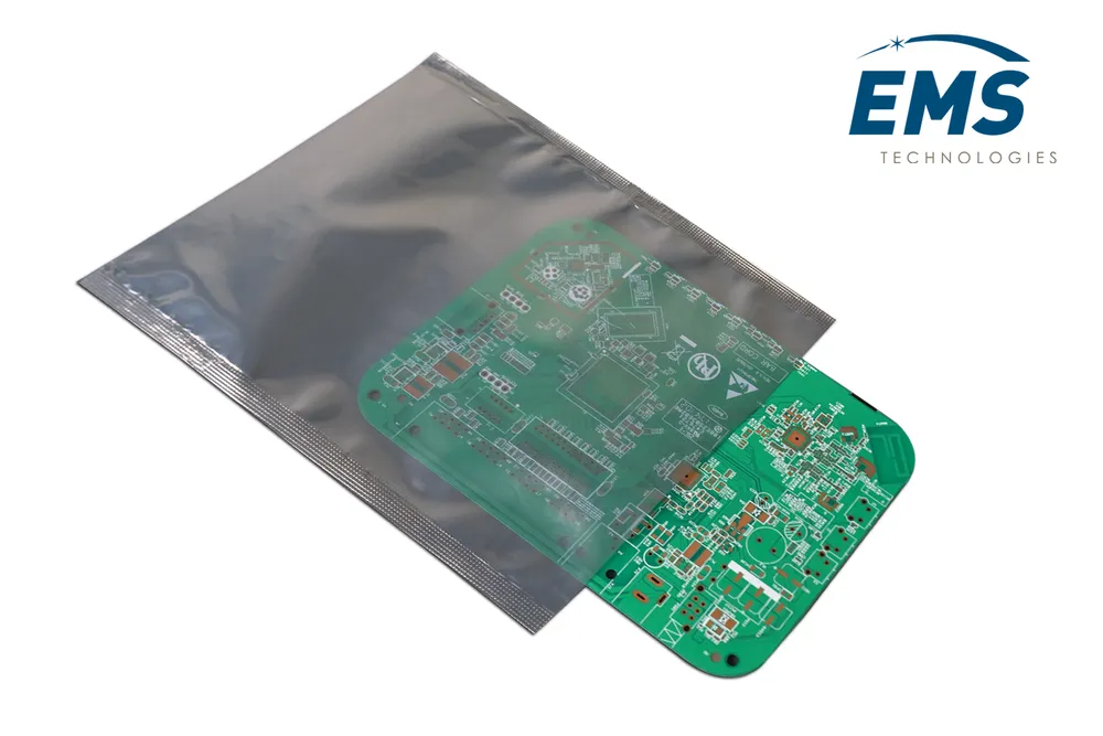 Metallised static shielding bag with PCB forming a Faraday cage, EMS Technologies