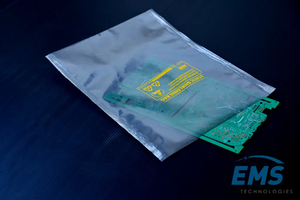 Metallised static shielding bag with PCB forming a Faraday cage, EMS Technologies
