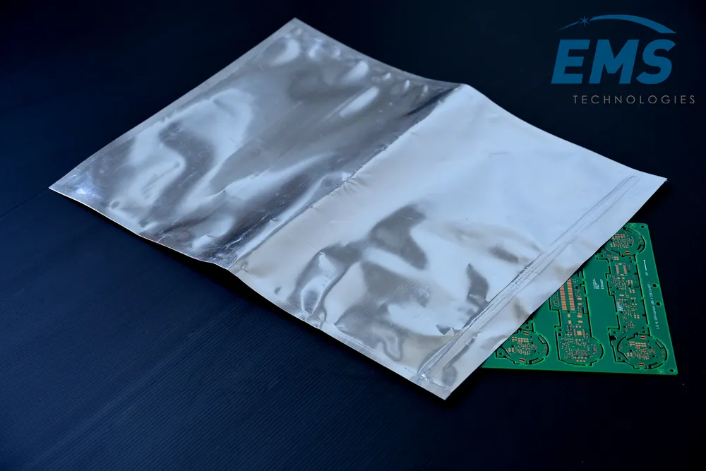 Metallised static shielding bag with PCB forming a Faraday cage, EMS Technologies