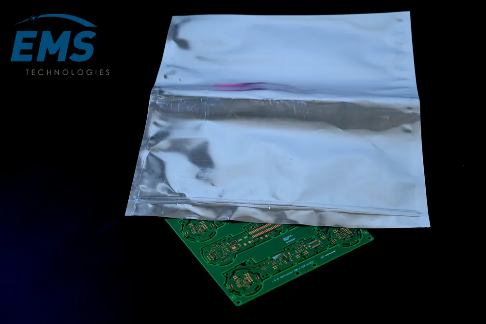 Metallised static shielding bag with PCB forming a Faraday cage, EMS Technologies